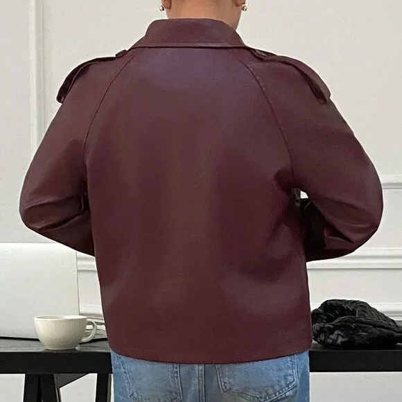 Burgundy Women's Double-Breasted Faux Leather cropped trench jacket coat - Picture 2 of 7